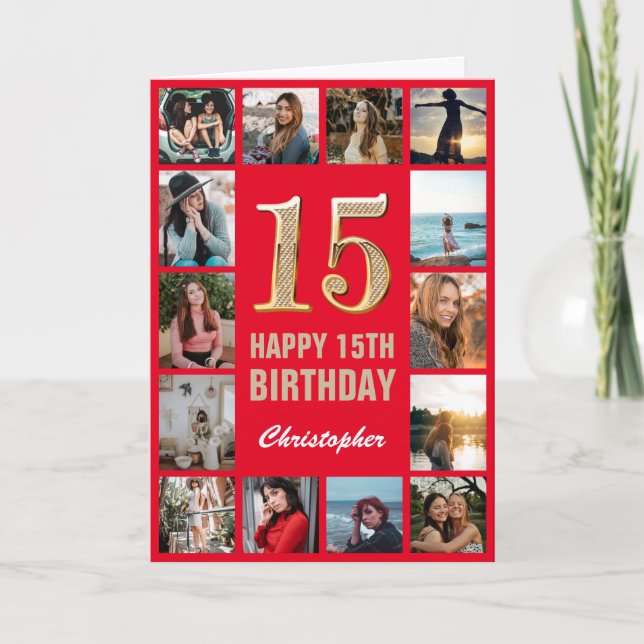 Carte 15e Joyeux Anniversaire Collage photo rouge et or (Devant)