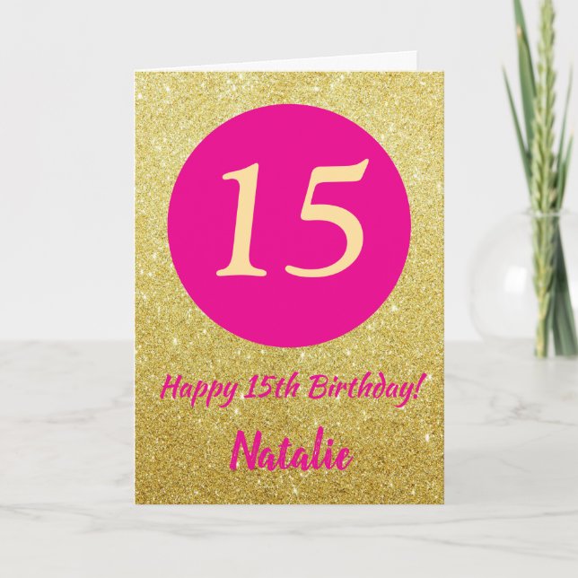 Carte 15e Joyeux anniversaire Hot rose et Parties scinti (Devant)