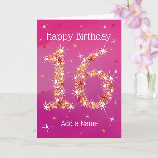 Carte 16e anniversaire - 16 en étoiles - rose - 16 ans (Orchidée)