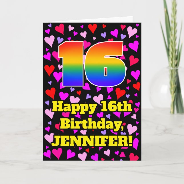 Carte 16e anniversaire : Amour Hearts Motif, Arc-en-ciel (Devant)