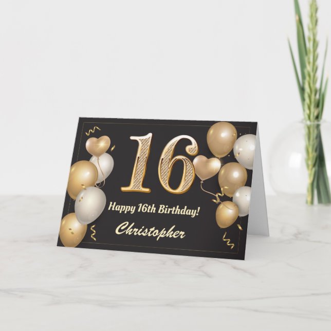 Carte 16e anniversaire Ballons noirs et or Anniversaire (Devant)