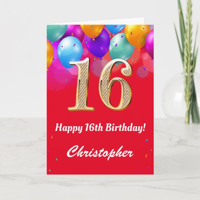Carte 16e anniversaire Ballons rouges et dorés (Devant)
