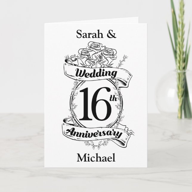 Carte 16e anniversaire du Mariage Roses noires et blanch (Devant)