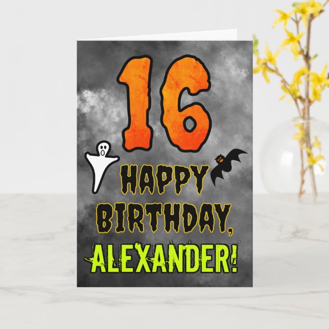 Carte 16e anniversaire : Eerie Halloween Thème + Nom per (Fleur jaune)