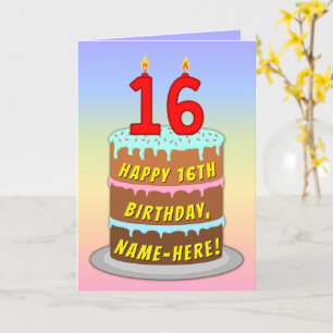 Carte 16e anniversaire — Fun Cake & Candles, avec nom pe