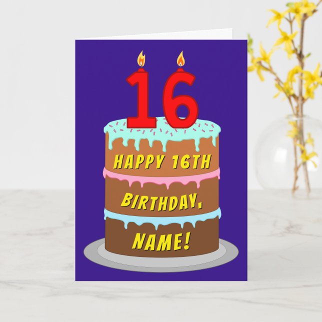 Carte 16e Anniversaire : Gâteau et bougies amusants + No (Fleur jaune)