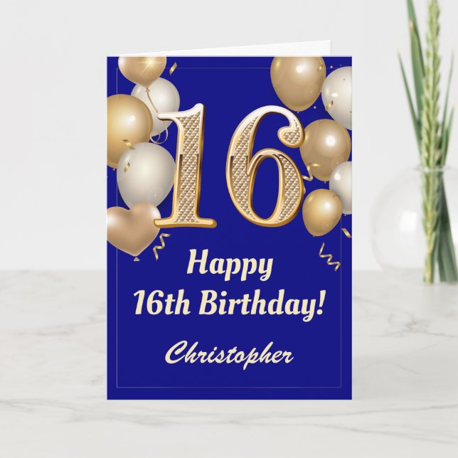 Carte 16e anniversaire Marine Bleu et Ballons d'or Confe (Devant)