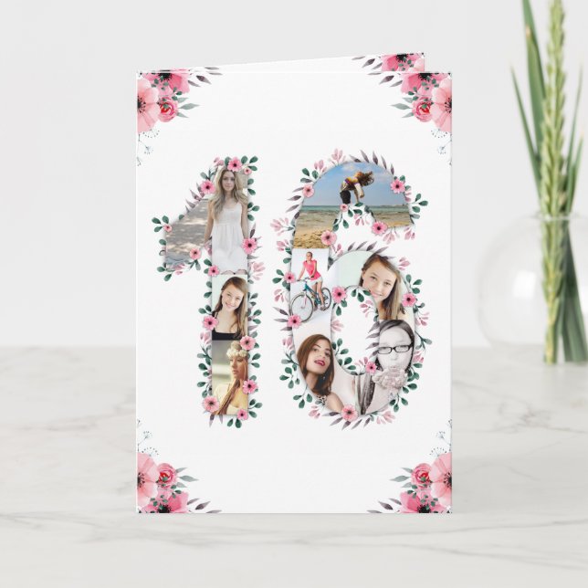 Carte 16e anniversaire Photo Collage Fille Rose Fleur Bl (Devant)
