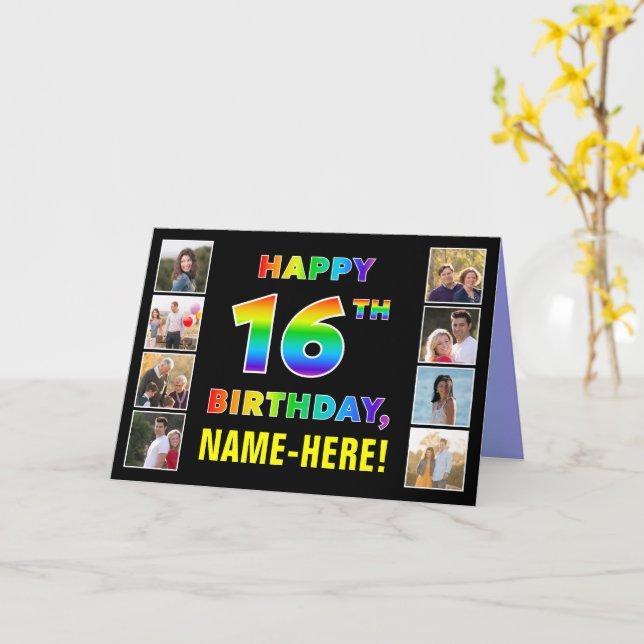 Carte 16e anniversaire : Rainbow Text, Custom Photos & N (Fleur jaune)