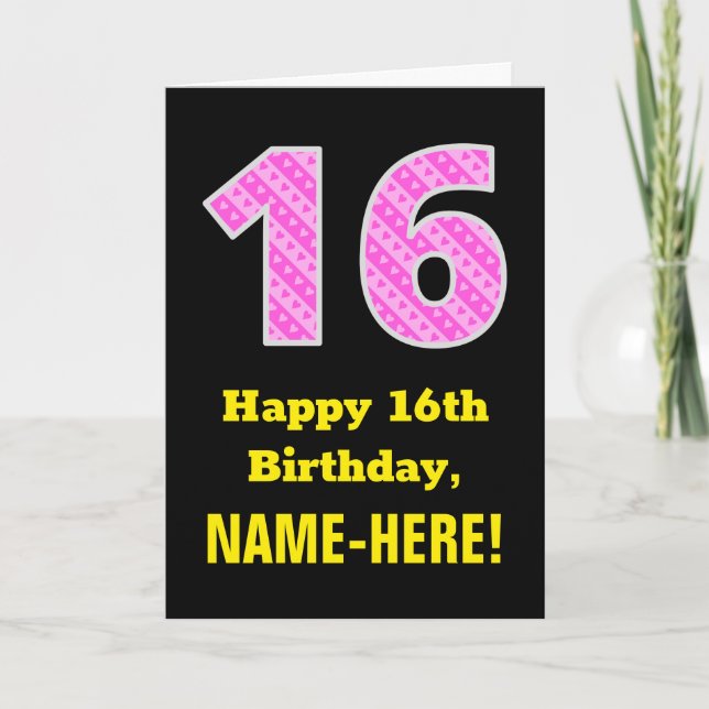 Carte 16ème anniversaire : Pink Stripes and Hearts "16"  (Devant)