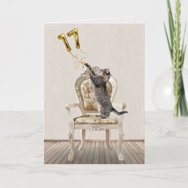 Carte 17e anniversaire Ballons et Tabby Cat (Devant)