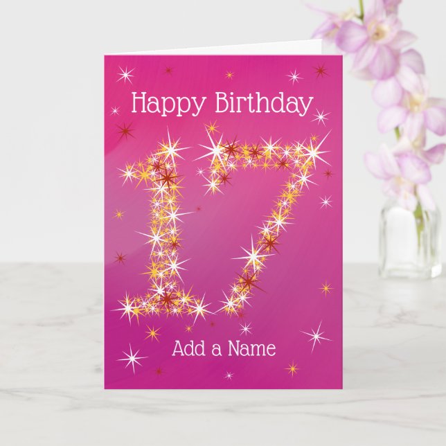 Carte 17e anniversaire - Numéro 17 en étoiles - Rose - Â (Orchidée)