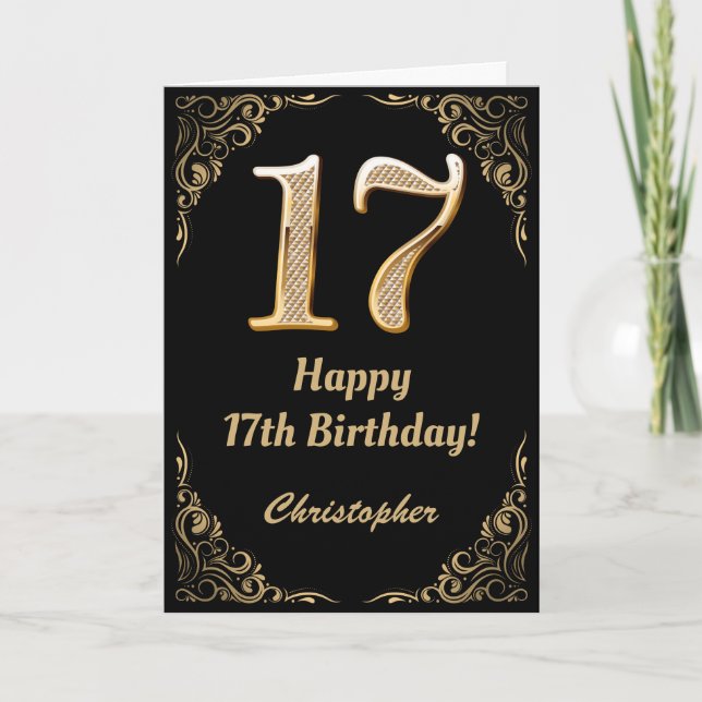 Carte 17e anniversaire Parties scintillant noir et or ca (Devant)