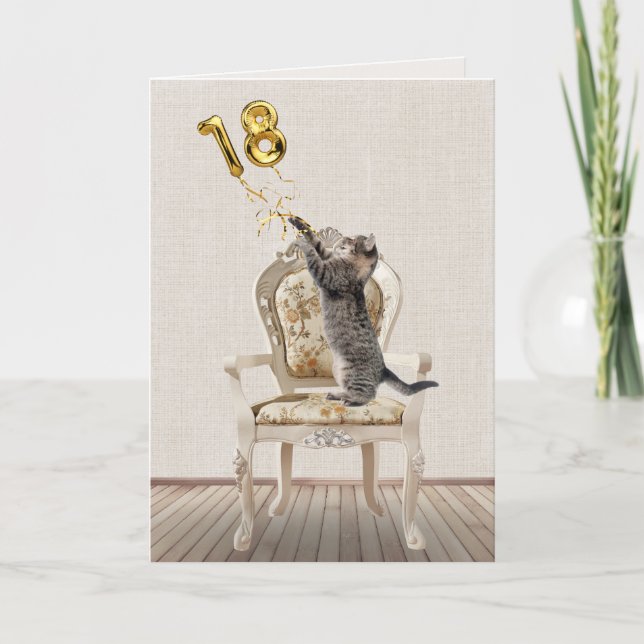 Carte 18e anniversaire Ballons et Tabby Cat (Devant)