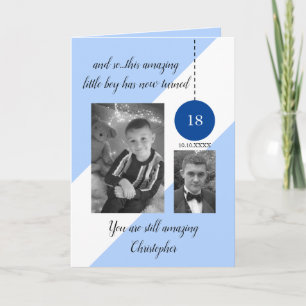 Carte 18e anniversaire nom date bleu blanc photo
