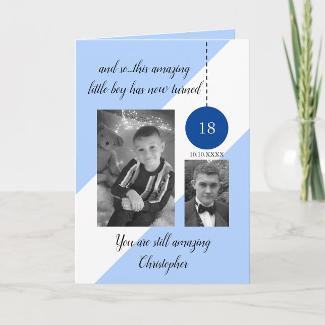 Carte 18e anniversaire nom date bleu blanc photo (Devant)