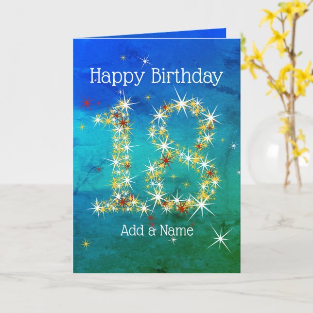 Carte 18e anniversaire - Nombres d'étoiles - Vert bleu - (Fleur jaune)