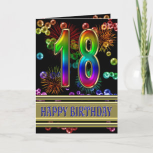 Carte 18ème anniversaire avec bulles arc-en-ciel et feux