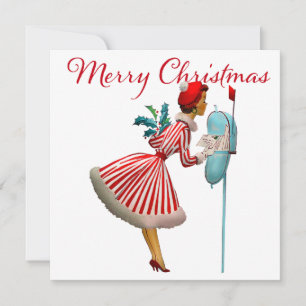 Carte 1950 Dame de vintage vérifiant le courrier de Noël