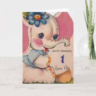 Carte 1950 Vintage Elephant Joyeux anniversaire 1 ans