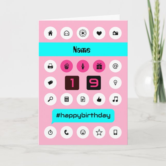 Carte 19e anniversaire Ajouter nom smartphone icons (Devant)