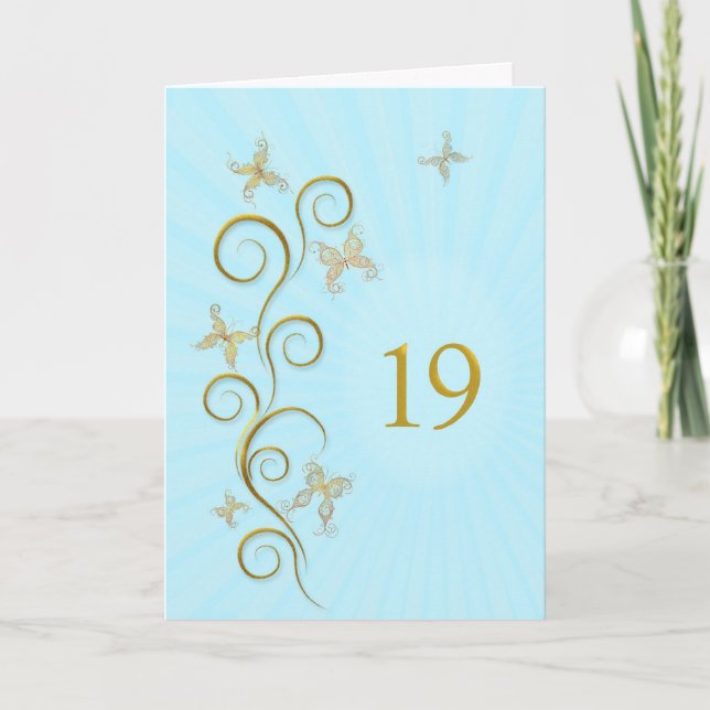 Carte 19e anniversaire avec des papillons dorés (Devant)