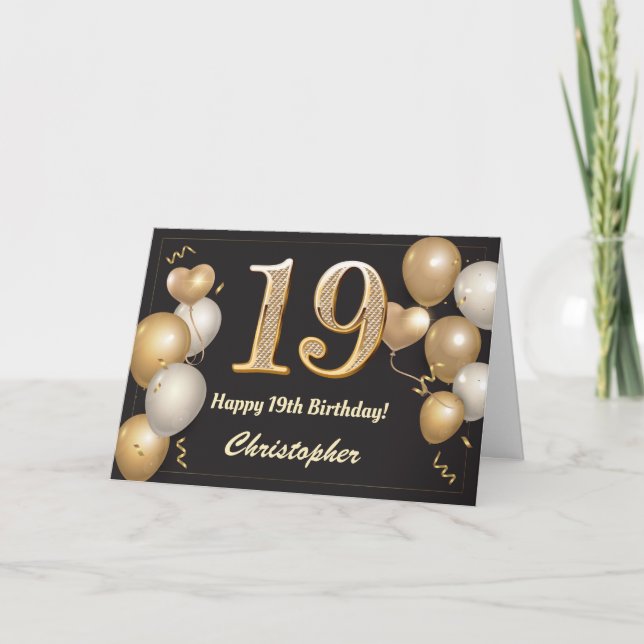 Carte 19e anniversaire Ballons noirs et or Anniversaire (Devant)