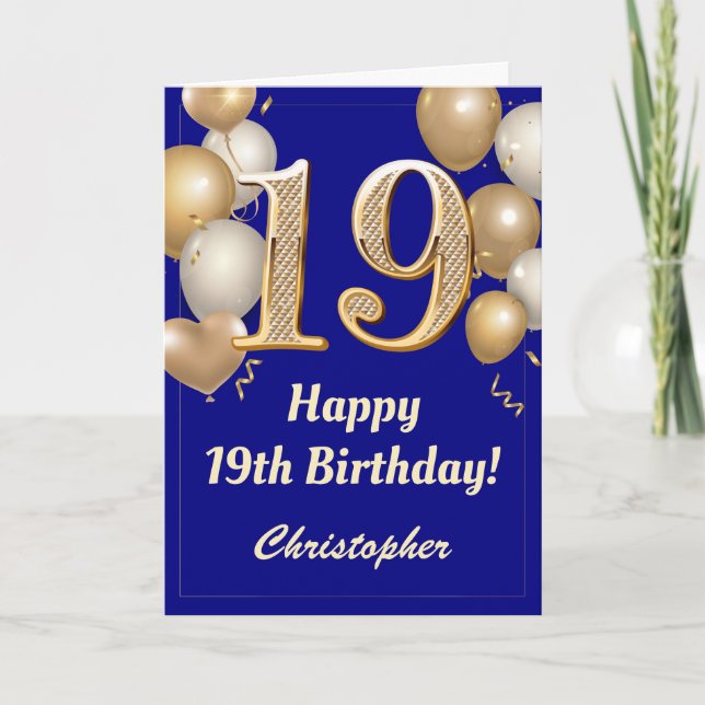 Carte 19e anniversaire Marine Bleu et Ballons d'or Confe (Devant)