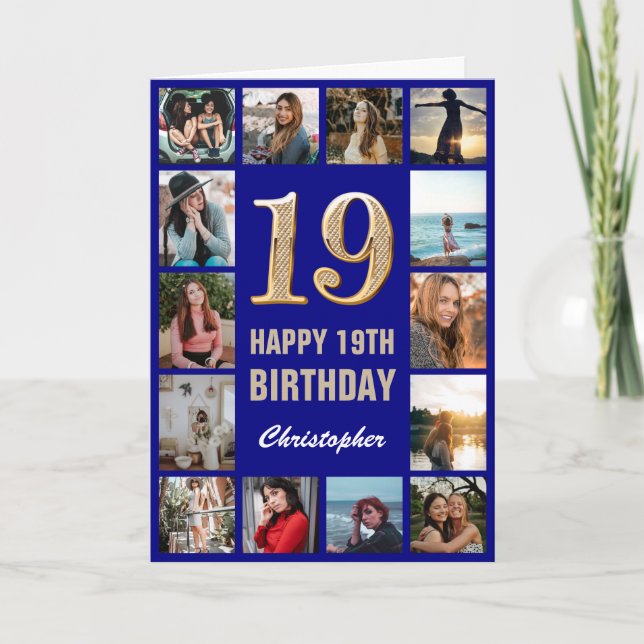 Carte 19e Joyeux anniversaire Marine Blue & Gold Photo C (Devant)