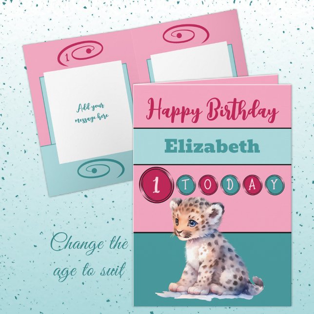 Carte 1er anniversaire ajouter nom fille mignonne animal (Créateur téléchargé)