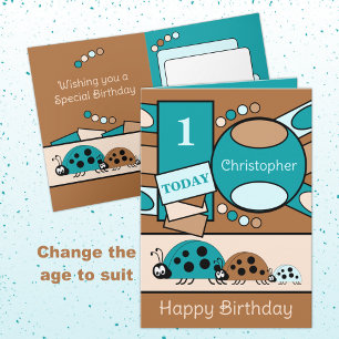 Carte 1er anniversaire ajouter nom ladybugs turquoise br