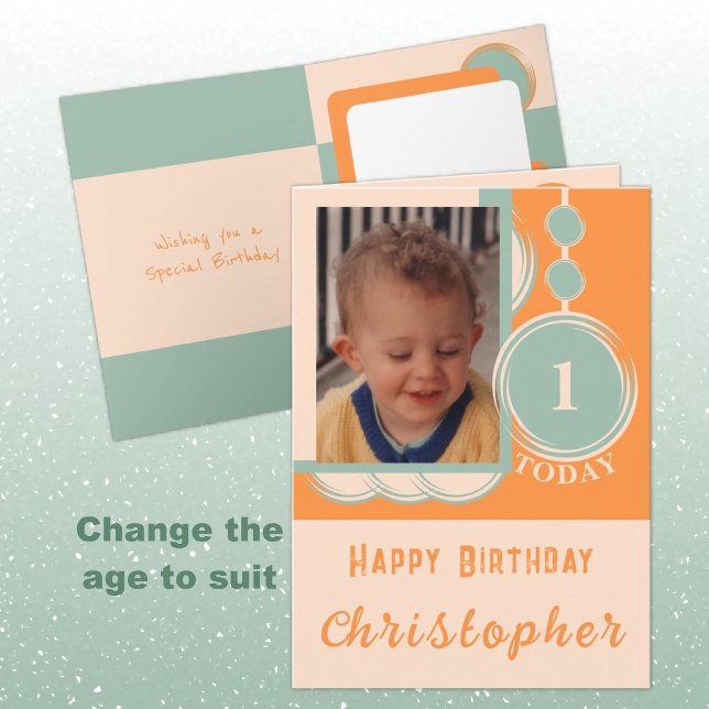 Carte 1er anniversaire ajouter nom photo orange vert (Créateur téléchargé)