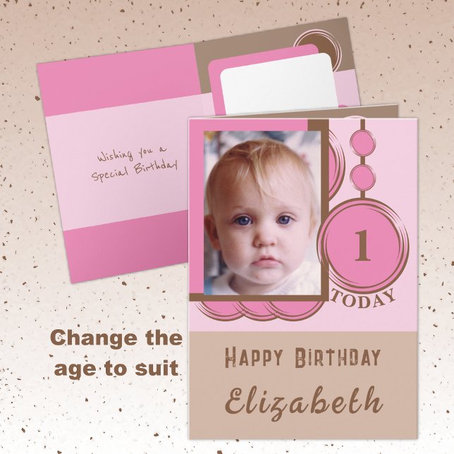 Carte 1er anniversaire ajouter nom photo rose brun (Créateur téléchargé)