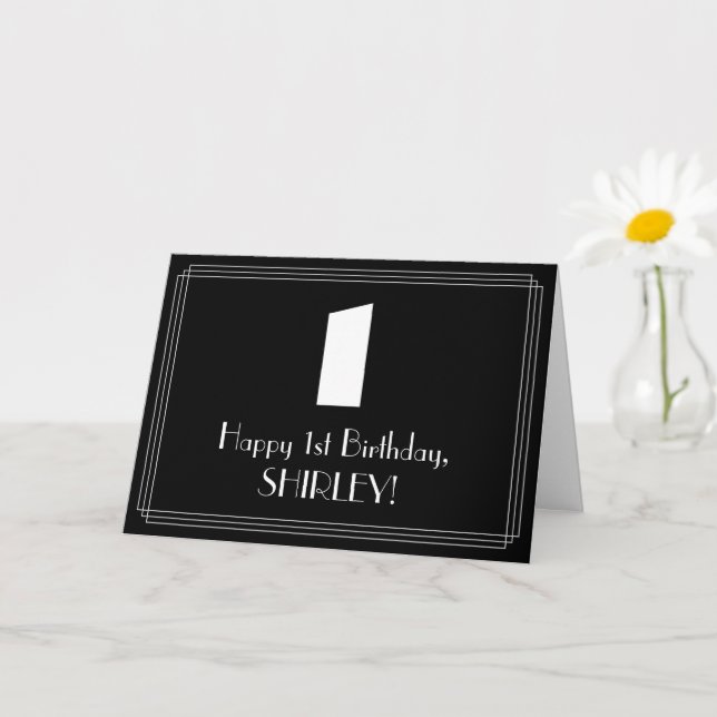 Carte 1er anniversaire : Art Déco Inspiré Look "1" & Nom (Petite plante)
