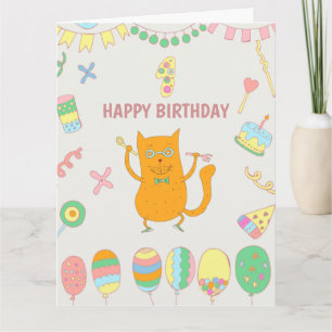 Carte 1er anniversaire. Ballons et chat rouge.