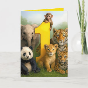 Carte 1er anniversaire Bébés Animaux Sauvages