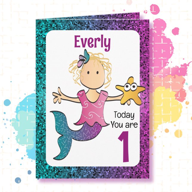 Carte 1er Anniversaire Carton de Sirène Douce Adorable (Créateur téléchargé)
