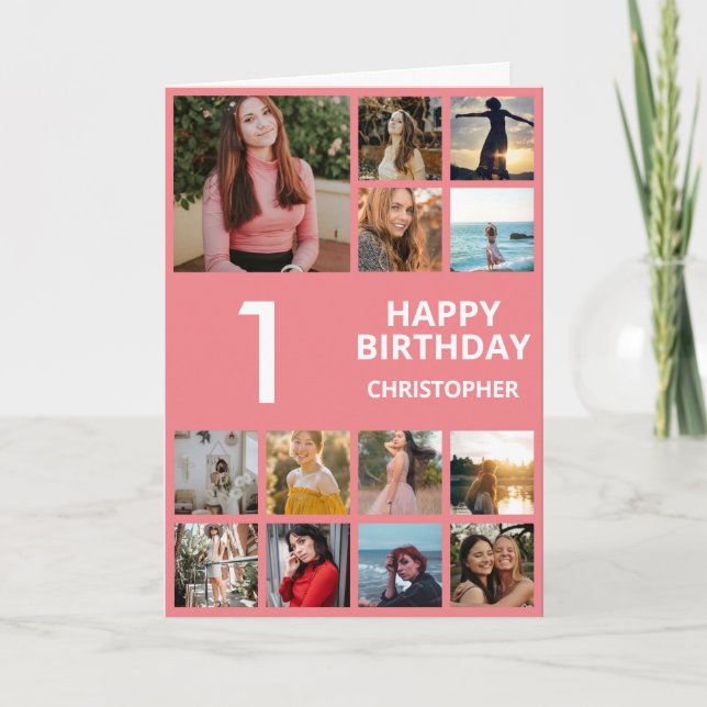 Carte 1er anniversaire Collage photo 13 photos rose et b (Devant)