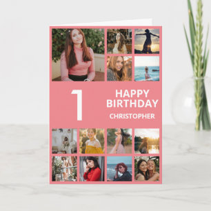Carte 1er anniversaire Collage photo 13 photos rose et b