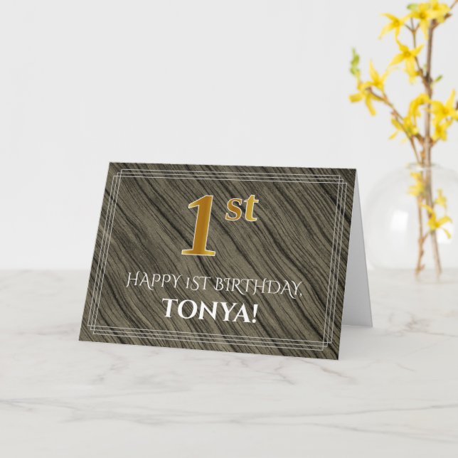 Carte 1er anniversaire élégant : Faux Wood, Faux Gold Lo (Fleur jaune)