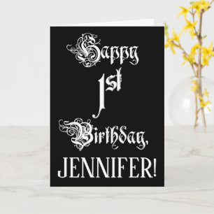 Carte 1er anniversaire : fantaisie, élégant script + Nom