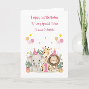 Carte 1er Anniversaire Jungle Animaux Twin Girls Card