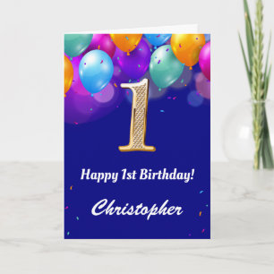 Carte 1er Anniversaire Marine Bleu et or Ballons colorés
