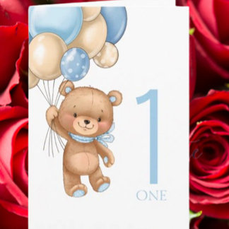 Carte 1er anniversaire mignon ballons bleu garçon teddy