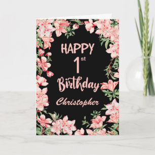 Carte 1er anniversaire Peach rose Aquarelle Florale Noir