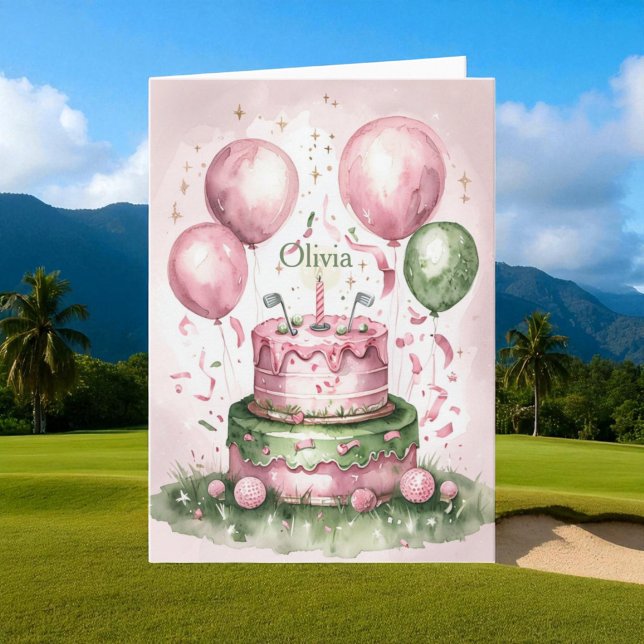 Carte 1er Anniversaire Pink Green mignonne Golfer Nom de (Créateur téléchargé)