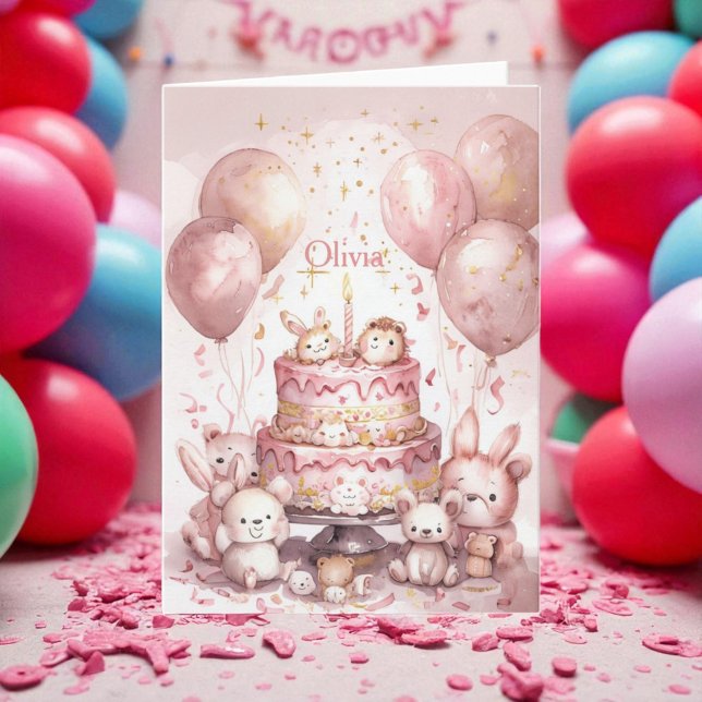 Carte 1er Anniversaire Pink mignonne Animaux Fille Nom (Créateur téléchargé)