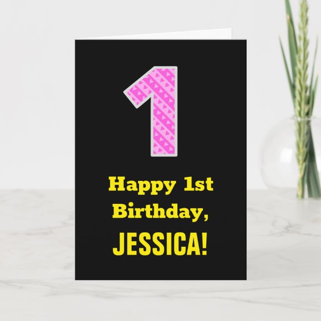 Carte 1er anniversaire : Pink Stripes and Hearts "1" + N (Devant)