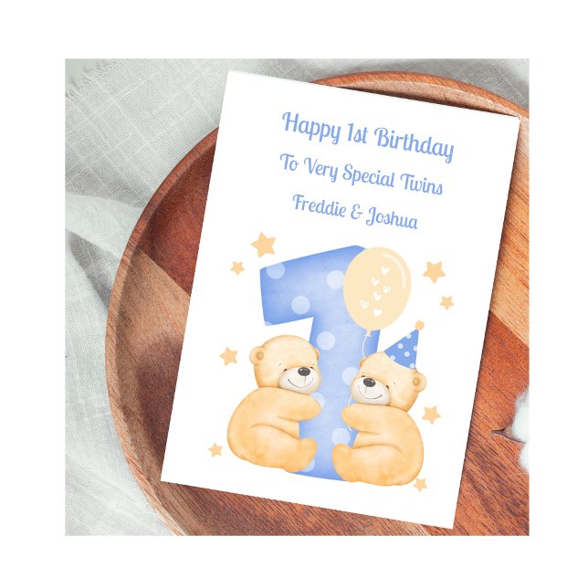 Carte 1er Anniversaire Polka Dot Teddies Twin Boys Card (Créateur téléchargé)