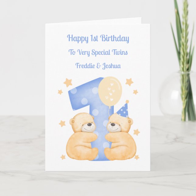 Carte 1er Anniversaire Polka Dot Teddies Twin Boys Card (Devant)